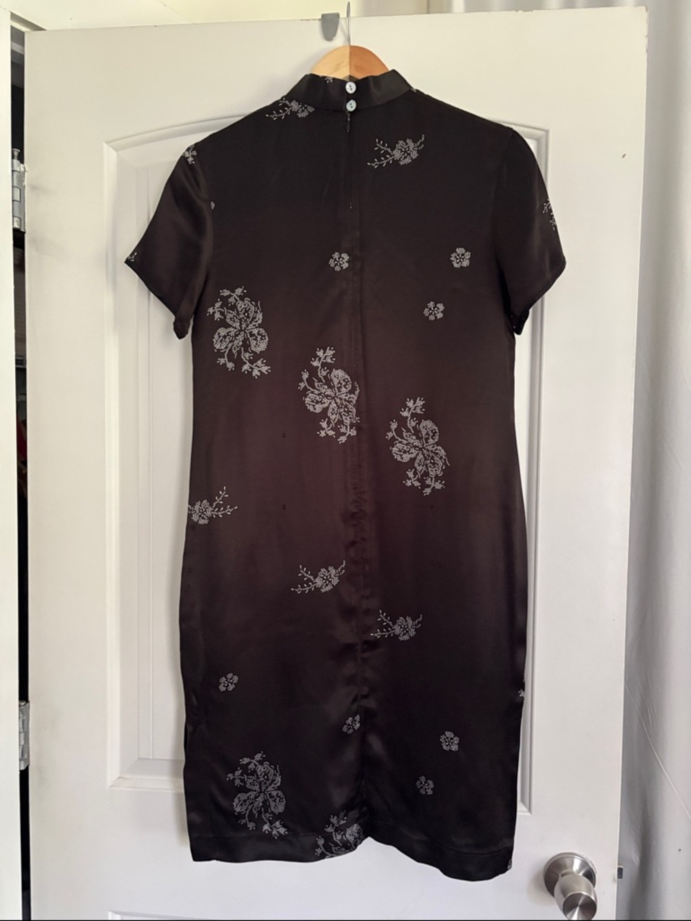 Celine Black Satin Cheongsam Midi Dress with Silver Floral Motifs - Picture 3 of 5